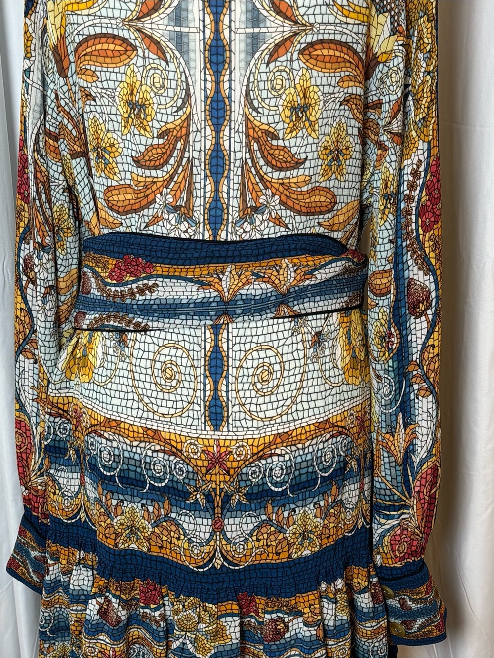 Farm Rio Mosaic Garden Mini Dress Belted Button Front Floral Boho Small - Picture 12 of 16